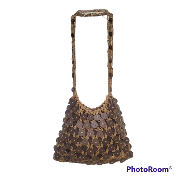 Macrame Brown Crossbody Shoulder Bag with Brown Buttons Attached - Picture 2 of 9